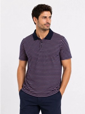 Tarz Yeri Erkek Pike Kumaş Gül Kurusu Çizgili Polo Yaka Tişört Kısa Kol T-Shirt - Siyah