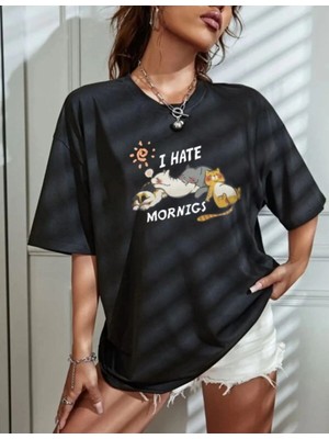Tarz Yeri Kadın Tişört Bisiklet Yaka Baskılı Oversize T-Shirt - Siyah