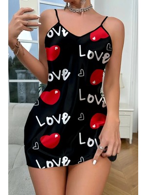 Uravas Store Love Desenli Siyah Saten Gecelik