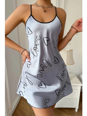 Uravas Store Love Baskılı Gri Saten Gecelik