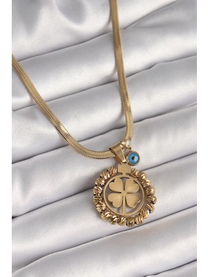 Uravas Store 316L Çelik Gold Renk Italyan Zincir Dorika Yonca Model Nazar Boncuk Detay Kadın Kolye TJ-BKO9875