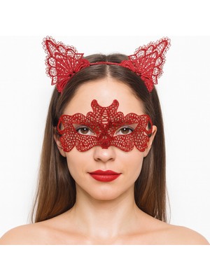 Uravas Store Ateş Kırmızısı Dantel Taç ve Maske Seti 10 No - Maskeli Balo &amp;amp; Özel Gün Seti