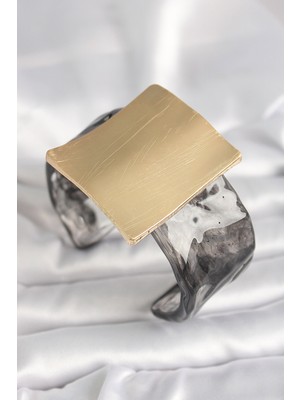 Uravas Store Siyah Mermer Desen Akrilik Plastik Gold Kare Plaka Model Vintage Kadın Bilezik