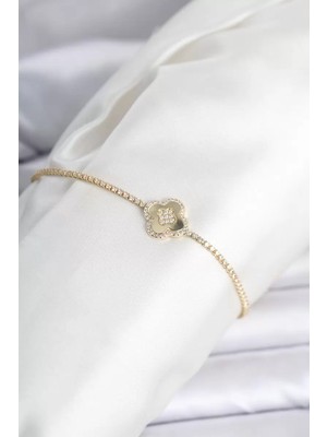 Uravas Store Pirinç Gold Renk Zirkon Taşlı Yonca Model Su Yolu Kadın Bileklik