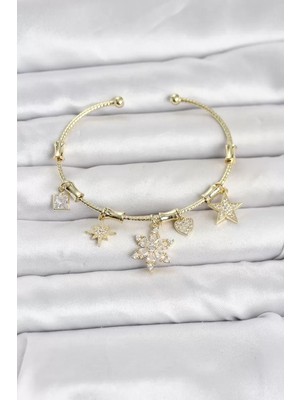 Uravas Store Pirinç Gold Renk Lotus Detay Charmlı Kadın Bileklik TJ-BB8503