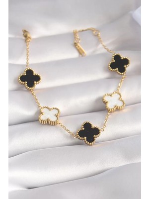 Uravas Store 316L Çelik Gold Renk Siyah Beyaz Yonca Model Kadın Bileklik - TJ-BB5962
