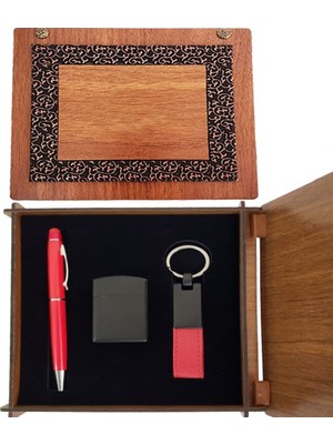 Uravas Store Ahşap Kutulu Kırmızı Kalem Anahtarlık ve Çakmak Set