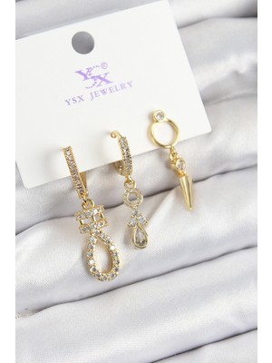 Uravas Store Pirinç Zirkon Taşlı Sallantılı Model Gold Renk 3'lü Kadın Küpe 5886