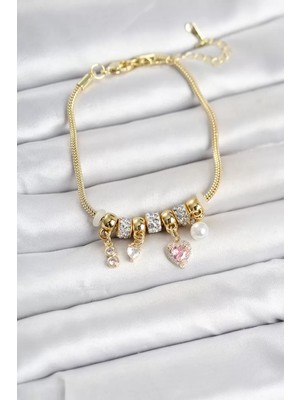 Uravas Store Pirinç Gold Renk Kalp Detaylı Charmlı Kadın Bileklik