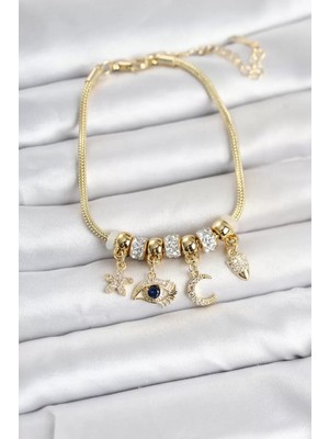 Uravas Store Pirinç Gold Renk Göz Detaylı Charmlı Kadın Bileklik