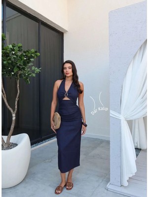 Boyundan Bağlı Göğüs Detay Denim Elbise