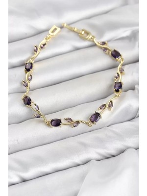 Uravas Store Pirinç Gold Renk Mor Zirkon Taşlı Çiçek Model Kadın Bileklik TJ-BB8583
