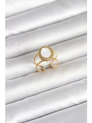 Uravas Store 316L Çelik Gold Renk Sedefli Vintage Kadın Yüzük - TJ-BYK4171