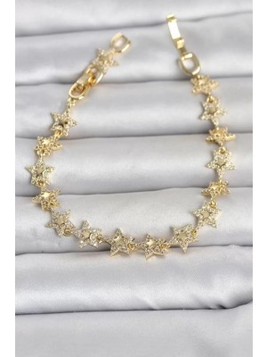 Uravas Store Sıralı Yıldız Model Zirkon Taşlı Gold Renk Pirinç Kadın Bileklik TJ-BB8496