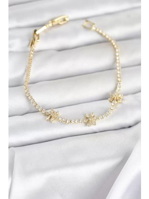 Uravas Store Pirinç Gold Renk Çiçek Model Zirkon Taşlı Su Yolu Kadın Bileklik - TJ-BB8373