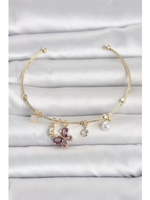 Uravas Store Pirinç Gold Renk Mor Kelebek Detaylı Charmlı Kadın Bileklik TJ-BB8486