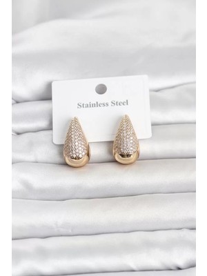 Uravas Store 316L Çelik Gold Renk Zirkon Taşlı Damla Model Kadın Küpe TJ-BKP11842