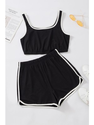 Kadın Siyah Askılı Crop Top ve Şortlu Gecelik Takım H110560