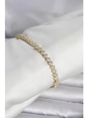 Uravas Store Pirinç Gold Renk Kalp Model Sıralı Zirkon Taşlı Kadın Bileklik - TJ-BB8423