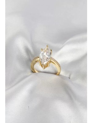 Uravas Store Gold Renk Pirinç Markiz Kesim Zirkon Taşlı Kadın Yüzük TJ-BYK4189