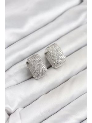 Uravas Store Gümüş Renk Full Zirkon Taşlı Kare Halka Kadın Küpe TJ-BKP11894