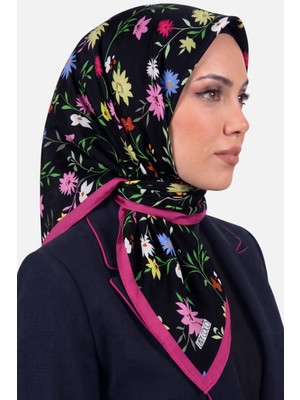 Hadiora Siyah Pembe Çiçek Desenli Organik Pamuk Soft Eşarp