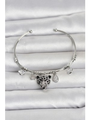 Uravas Store Pirinç Gümüş Renk Leopar Detaylı Charmlı Kadın Bileklik 5886