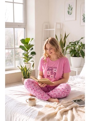 Guava Kadın Pembe Bisiklet Yaka Düğmesiz Battal Kesim Viskon Yazlık Kısa Kol Cepli Büyük Beden Pijama Takımı