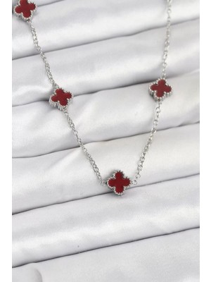 Uravas Store 316L Çelik Zincir Gümüş Renk Bordo Baby Boy Yonca Kadın Kolye - TJ-BKO10577