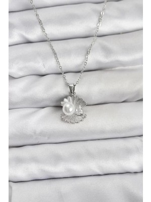 Uravas Store 316L Çelik Zincir Gümüş Renk Istiridye Inci Model Zirkon Taşlı Kadın Kolye - TJ-BKO10851