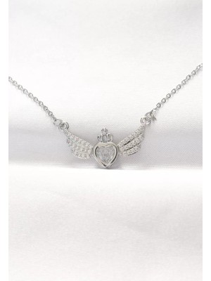Uravas Store 316L Çelik Silver Renk Zirkon Taşlı Kalpli Kanat Kolye - TJ-BKO8515