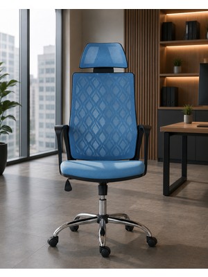 Trendcore Ergonomik Fileli Yönetici Ofis Koltuğu Başlıklı Çalışma Koltuğu Bilgisayar Koltuğu Home Office Koltuğu Açık Mavi