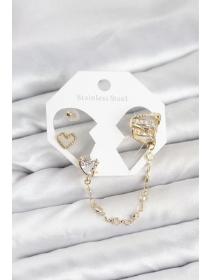 Uravas Store Pirinç Gold Renk Kalp Model Zincir Bağlantılı Ear Cuff Küpe Seti - TJ-BKP11541