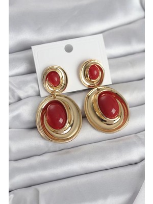 Uravas Store Kırmızı Sallantılı Damla Model Gold Renk Vintage Kadın Küpe - TJ-BKP11670