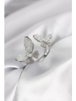 Uravas Store Gümüş Renk Beyaz Kelebek Model Zirkon Taşlı Kadın Yüzük - TJ-BYK3943