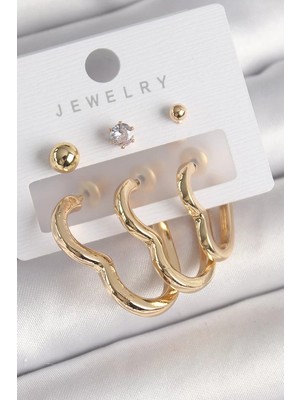 Uravas Store Pirinç Gold Renk Kalp Model Zirkon Taşlı Topçuk Detay Kadın Küpe Seti - TJ-BKP10308