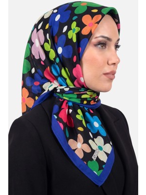 Hadiora Lady Coco Kadın Siyah Mavi Çok Renkli Çiçek Desenli Organik Pamuk Soft Eşarp