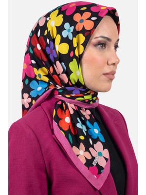 Hadiora Lady Coco Kadın Siyah Çok Renkli Çiçek Desenli Organik Pamuk Soft Eşarp