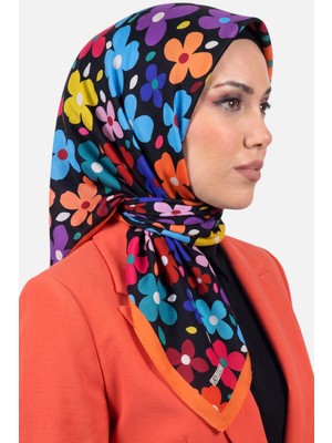 Hadiora Lady Coco Kadın Siyah Çok Renkli Çiçek Desenli Organik Pamuk Soft Eşarp