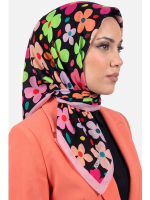 Hadiora Lady Coco Kadın Siyah Pembe Çok Renkli Çiçek Desenli Organik Pamuk Soft Eşarp