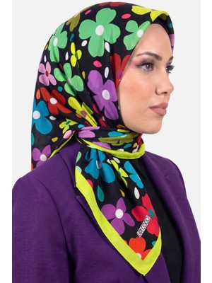 Hadiora Lady Coco Kadın Siyah Çok Renkli Çiçek Desenli Organik Pamuk Soft Eşarp