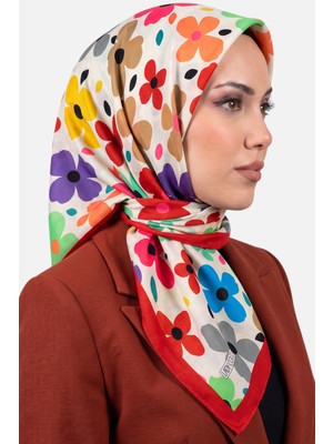 Hadiora Lady Coco Kadın Kırmızı Çok Renkli Çiçek Desenli Organik Pamuk Soft Eşarp