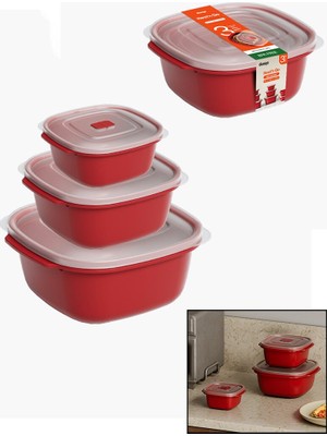 Renas Store 3 Pcs Kırmızı Kare Saklama Kabı Set 550-1100-2200ML (5528)