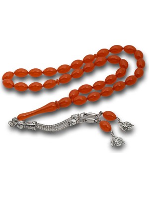 Inure Jewelry Metal Püsküllü Turuncu Sıkma Kehribar Tesbih