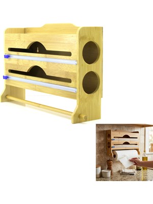 Renas Store 2ın1 = 2 Streçlik - 1 Kağıt Havluluk Ahşap Bambu Streçlik - Folyoluk - Havluluk Kesici Bıçak Kanallı (5528)