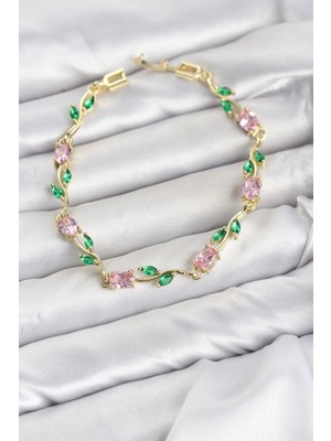 Inure Jewelry Pirinç Gold Renk Pembe Zirkon Taşlı Çiçek Model Kadın Bileklik