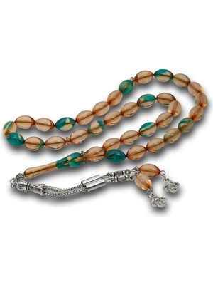 Inure Jewelry Metal Püsküllü Turkuaz Amber Sıkma Kehribar Tesbih