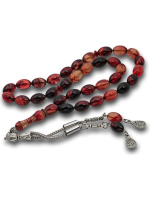 Inure Jewelry Metal Püsküllü Siyah ve Ateş Tonlu Sıkma Kehribar Tesbih