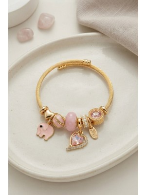 Inure Jewelry Kalp ve Fil Model Pembe Charmlı Bileklik