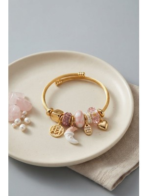 Inure Jewelry Ay ve Kalp Pembe Charmlı Kadın Bileklik